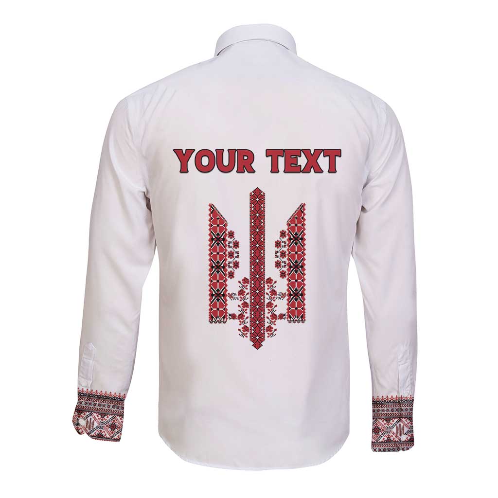 Personalized Ukrainian Trident Long Sleeve Button Shirt White Tryzub Vyshyvanka Pattern - Wonder Print Shop