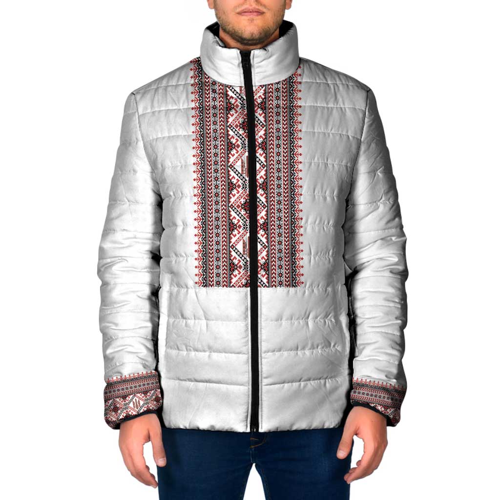 Personalized Ukrainian Trident Padded Jacket White Tryzub Vyshyvanka Pattern - Wonder Print Shop
