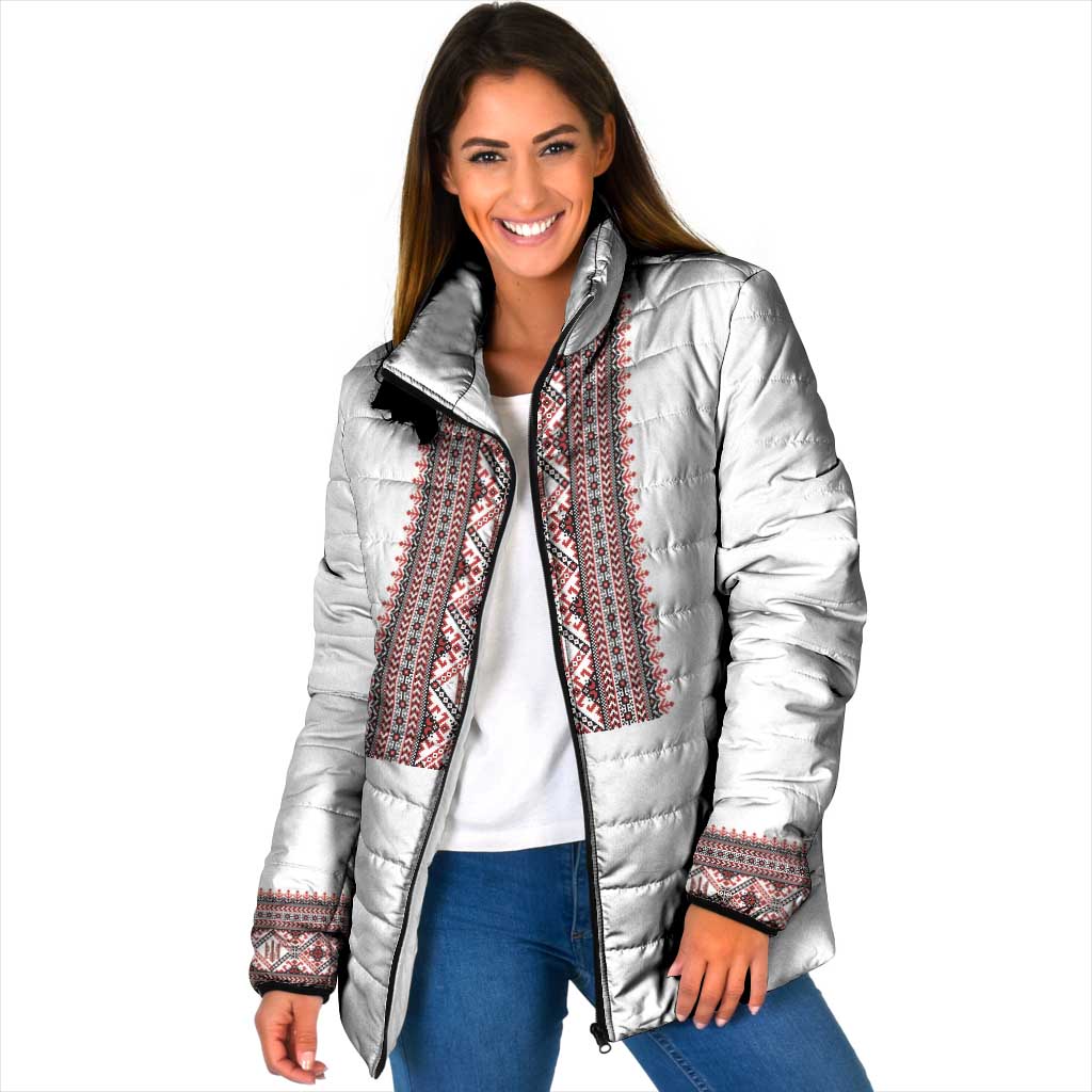 Personalized Ukrainian Trident Padded Jacket White Tryzub Vyshyvanka Pattern - Wonder Print Shop
