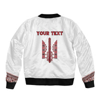 Personalized Ukrainian Trident Sleeve Zip Bomber Jacket White Tryzub Vyshyvanka Pattern - Wonder Print Shop