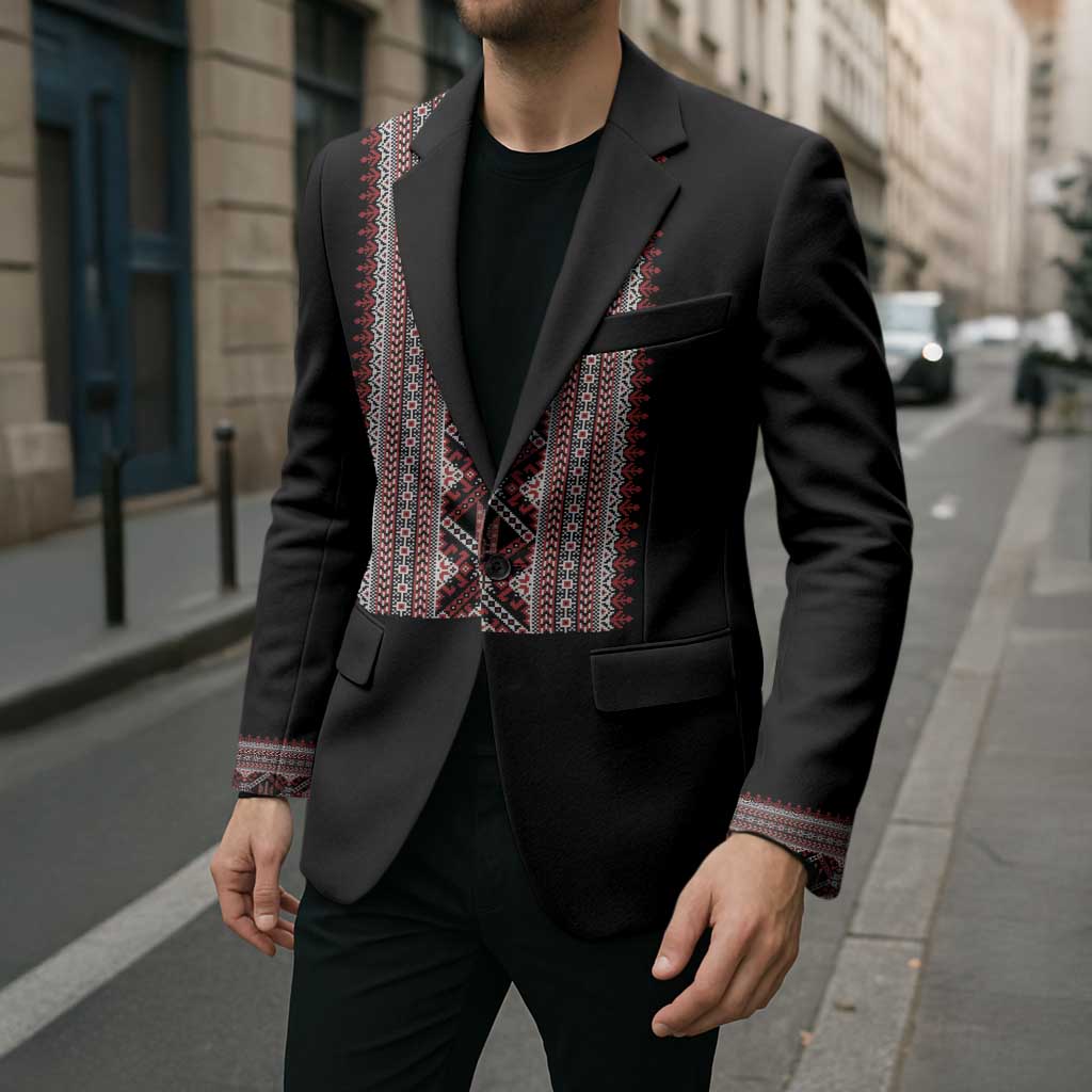 Personalized Ukrainian Trident Blazer Black Tryzub Vyshyvanka Pattern - Wonder Print Shop
