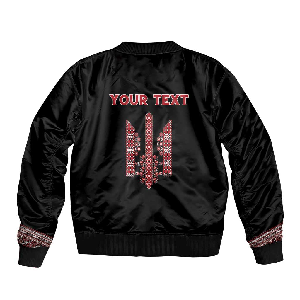 Personalized Ukrainian Trident Bomber Jacket Black Tryzub Vyshyvanka Pattern - Wonder Print Shop