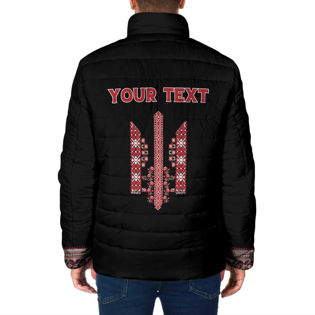 Personalized Ukrainian Trident Padded Jacket Black Tryzub Vyshyvanka Pattern - Wonder Print Shop
