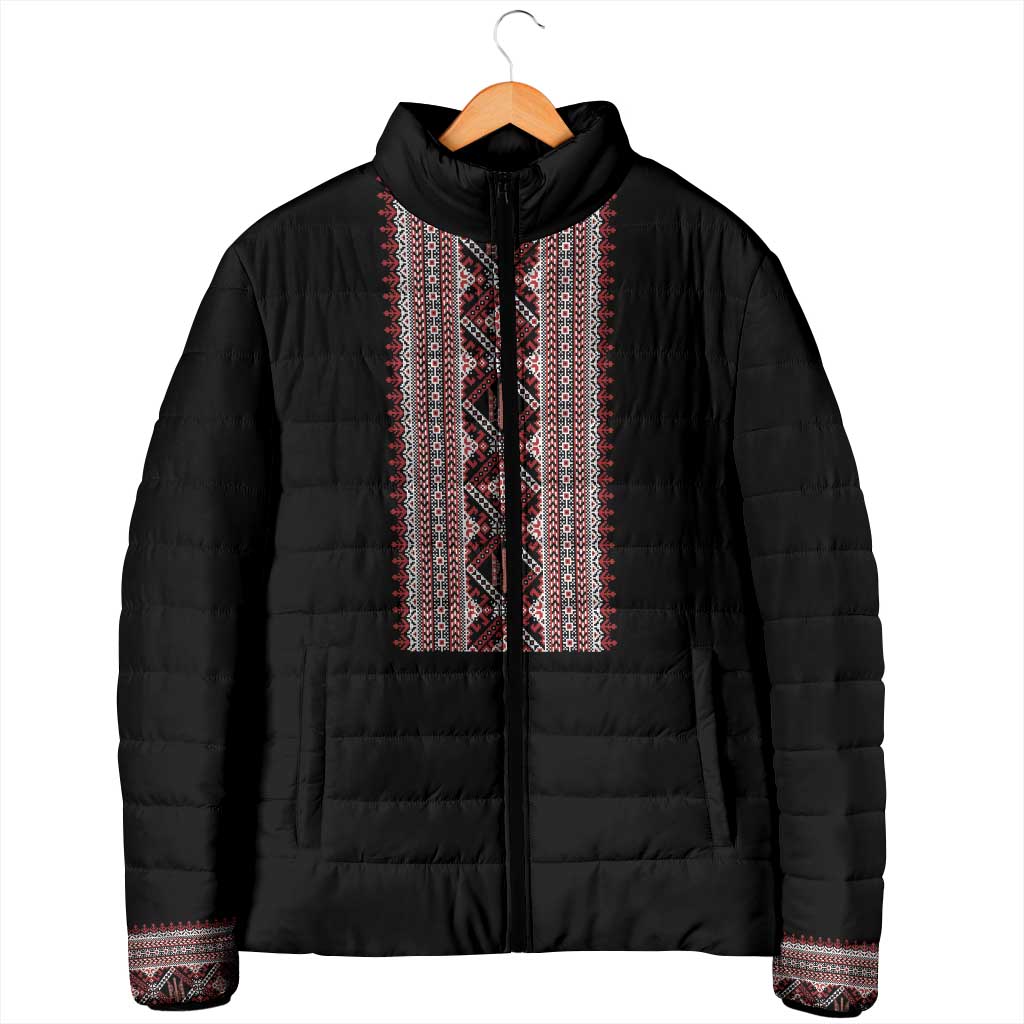 Personalized Ukrainian Trident Padded Jacket Black Tryzub Vyshyvanka Pattern - Wonder Print Shop