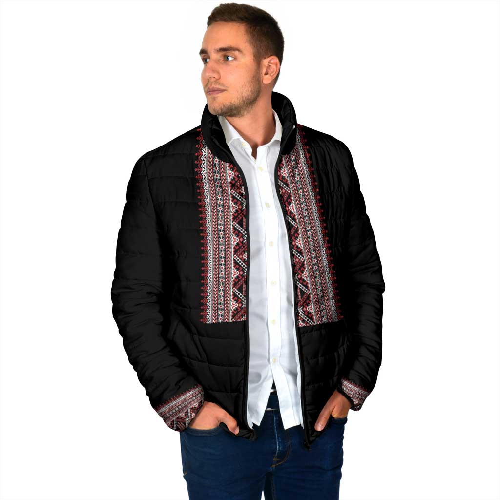 Personalized Ukrainian Trident Padded Jacket Black Tryzub Vyshyvanka Pattern - Wonder Print Shop