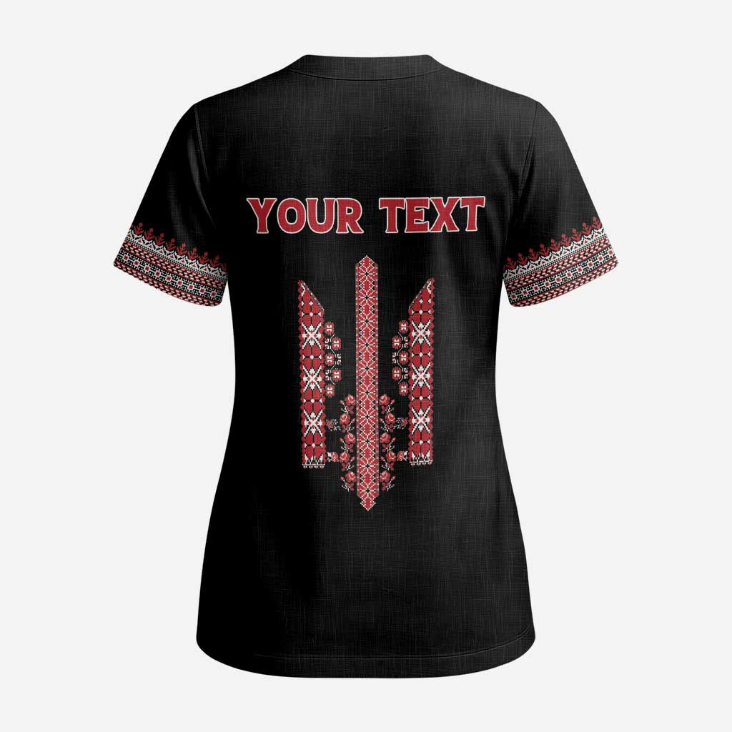 Personalized Ukrainian Trident Scrub Top Black Tryzub Vyshyvanka Pattern - Wonder Print Shop