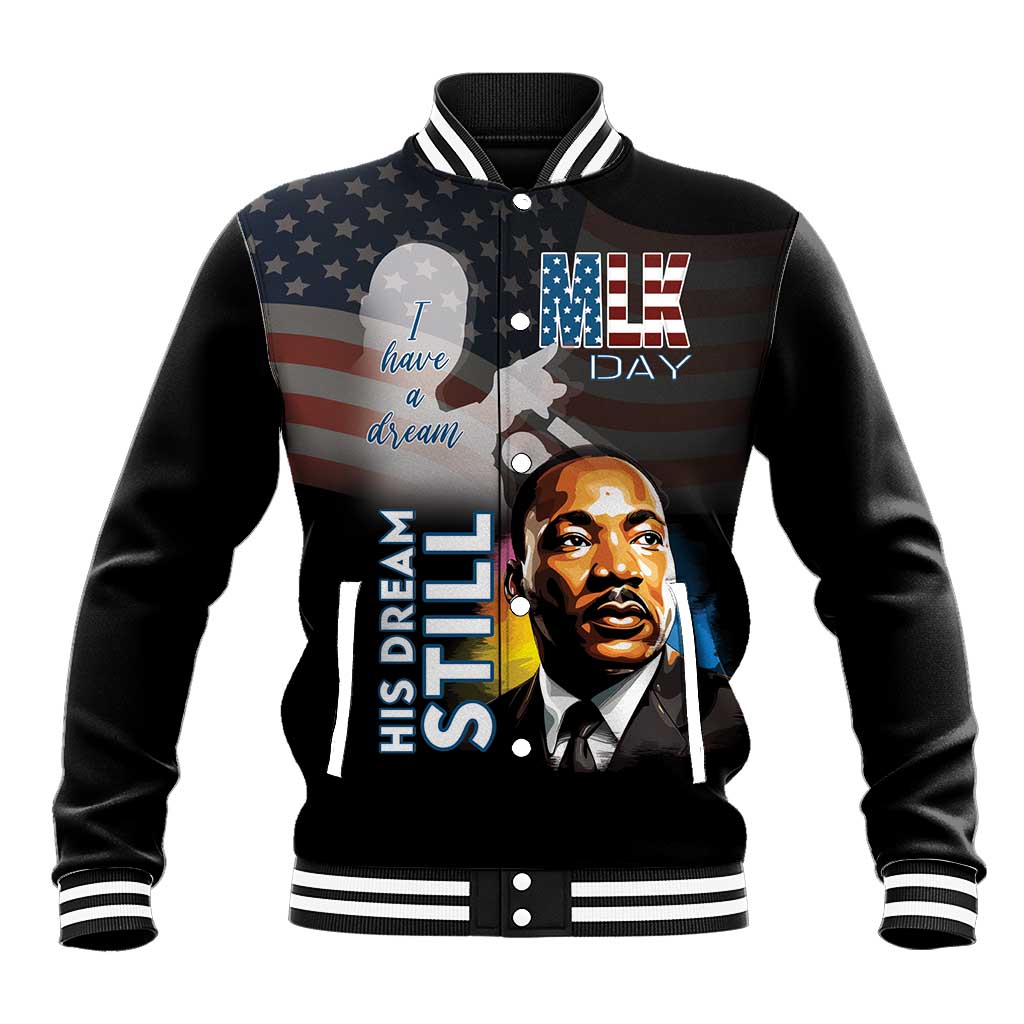 Black baseball jacket with striped collar and bold MLK-themed front graphic