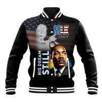 Black baseball jacket with striped collar and bold MLK-themed front graphic