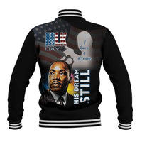 Black baseball jacket with striped collar and back MLK-themed illustration