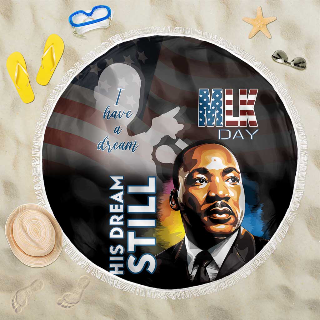 Round black beach blanket with fringe, MLK Day portrait and 'I have a dream' text