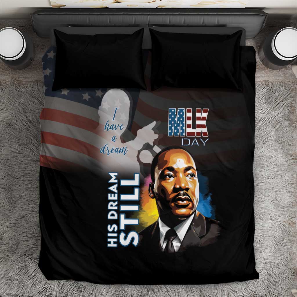 Black bedding set with two dark pillows and MLK Day themed portrait graphic