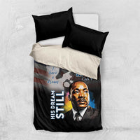 Black and cream bedding set with two dark pillows, MLK Day portrait graphic
