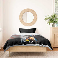 Black bedding set with dark pillows, one showing MLK Day portrait graphic