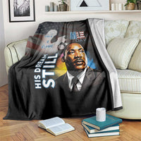 Black MLK Day throw blanket with portrait and 'His Dream Still' graphic
