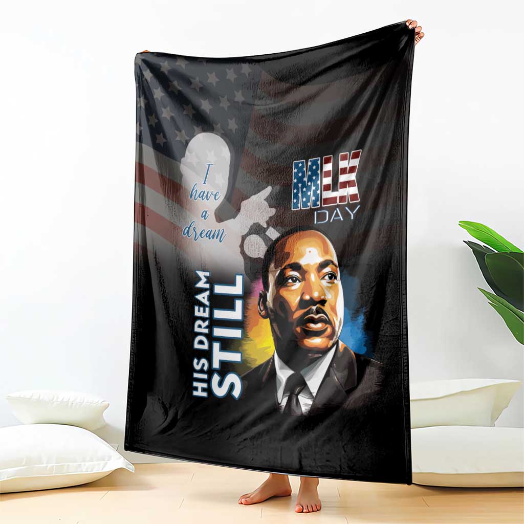 Black MLK Day blanket featuring Martin Luther King Jr. portrait and American flag motifs
