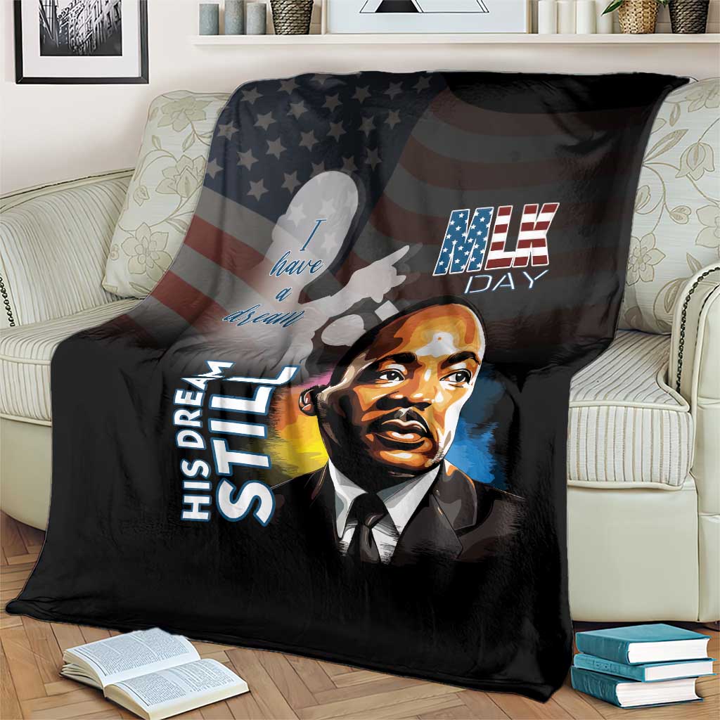 Black MLK Day blanket with American flag pattern and Martin Luther King Jr. portrait