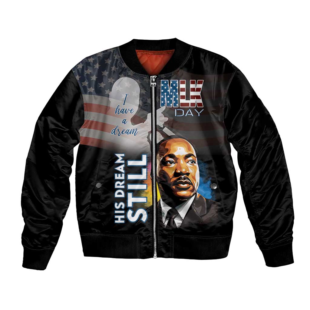 Black unisex bomber jacket with zipper front, portrait print and American flag graphic