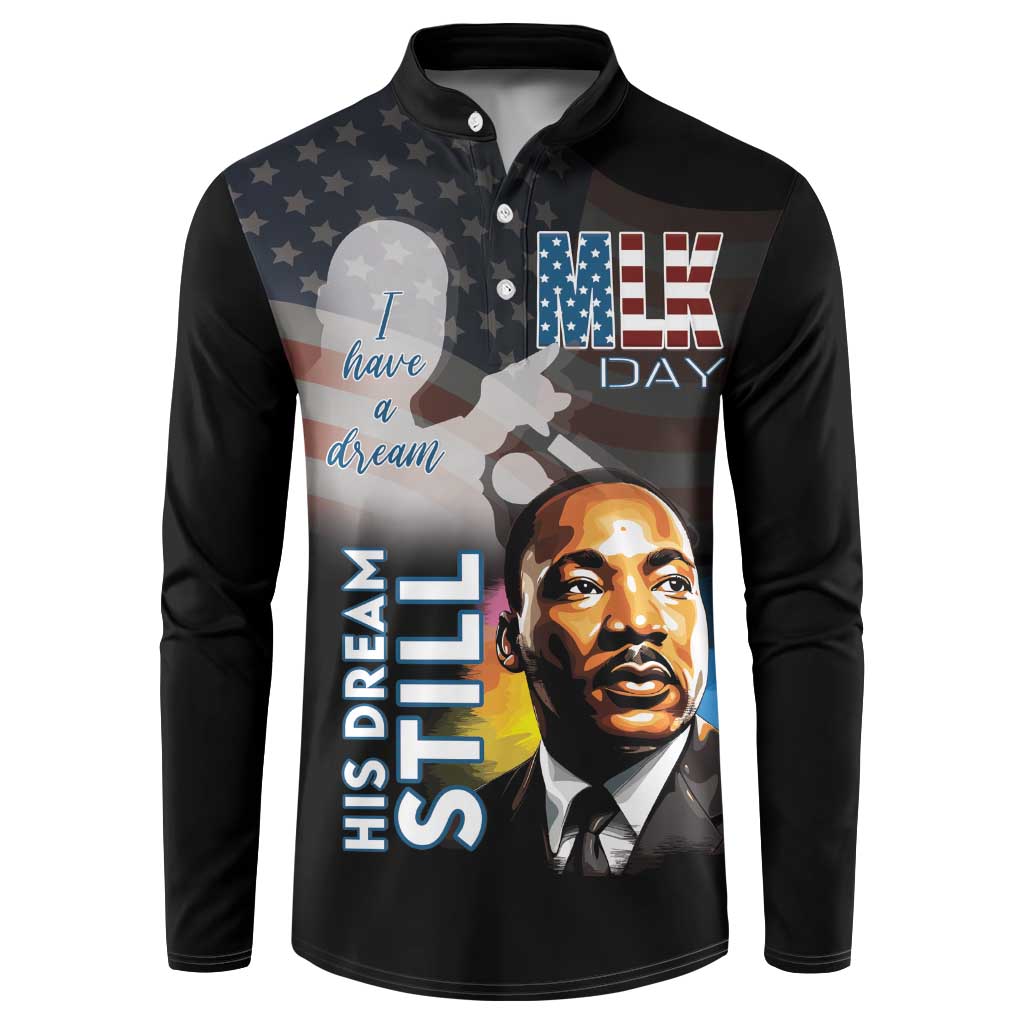 Black button sweatshirt with MLK Day graphic portrait and “I have a dream” text