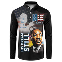 Black button sweatshirt with MLK Day graphic portrait and “I have a dream” text