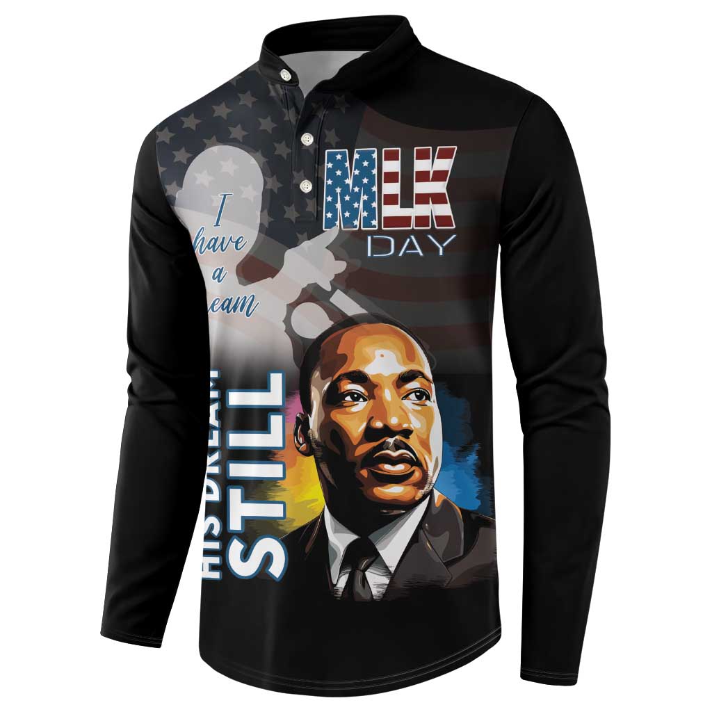 Black button sweatshirt with large front graphic portrait and “I have a dream” text