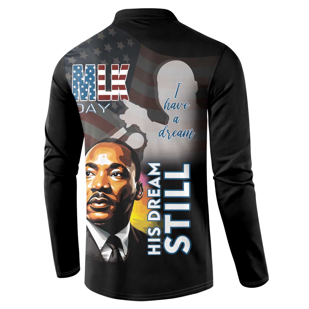Black button sweatshirt back with MLK Day text and MLK portrait graphic
