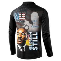 Black button sweatshirt back with MLK Day text and MLK portrait graphic