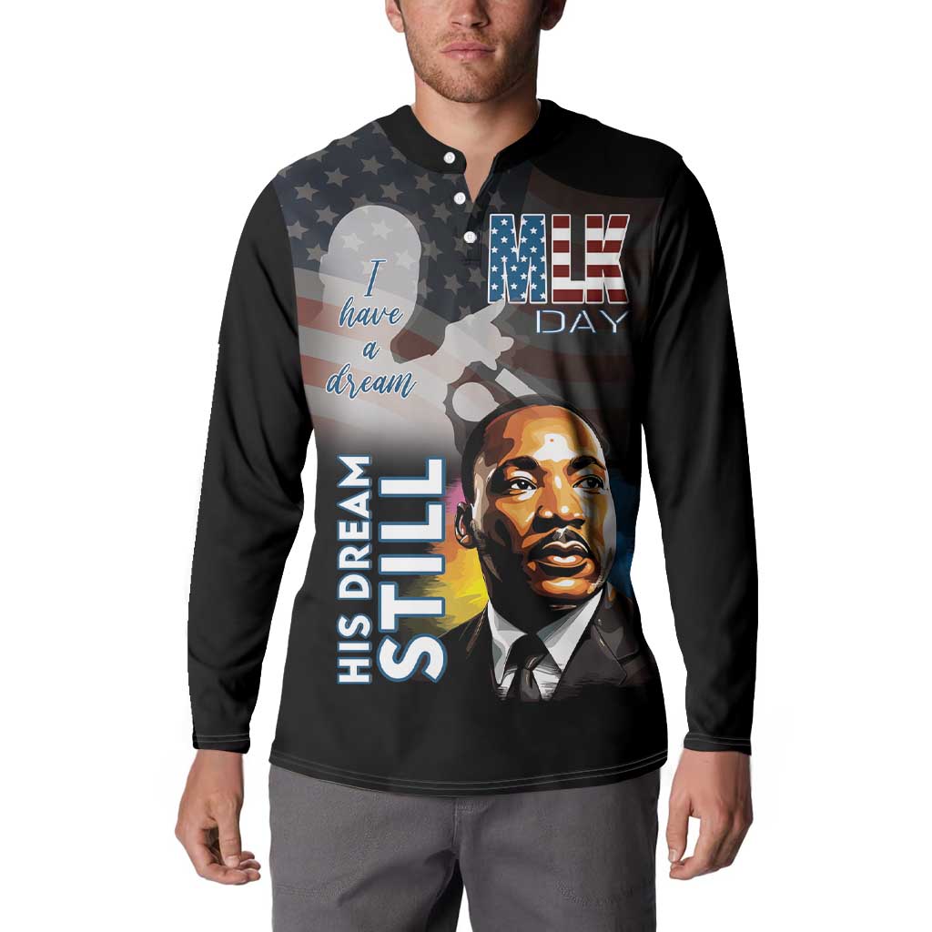 Black button sweatshirt on model with MLK Day and “I have a dream” front graphic