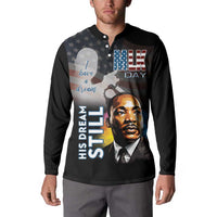 Black button sweatshirt on model with MLK Day and “I have a dream” front graphic