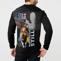 Black button sweatshirt back on model with MLK portrait and “I have a dream” text