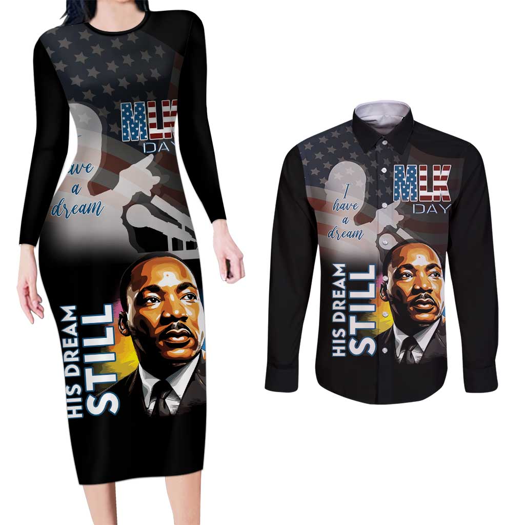 Happy MLK Day Couples Matching Long Sleeve Bodycon Dress and Long Sleeve Button Shirt I Have A Dream - His Dream Still - Wonder Print Shop