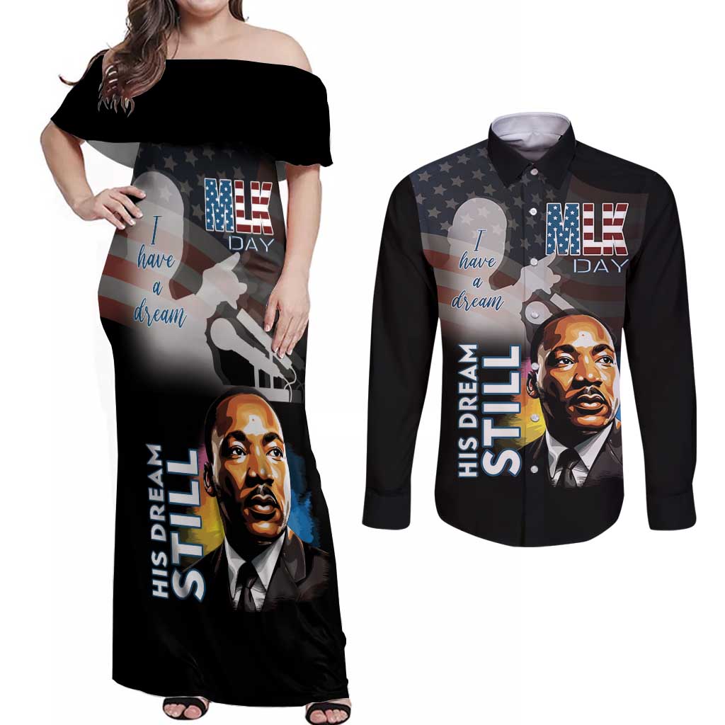 Happy MLK Day Couples Matching Off Shoulder Maxi Dress and Long Sleeve Button Shirt I Have A Dream - His Dream Still - Wonder Print Shop