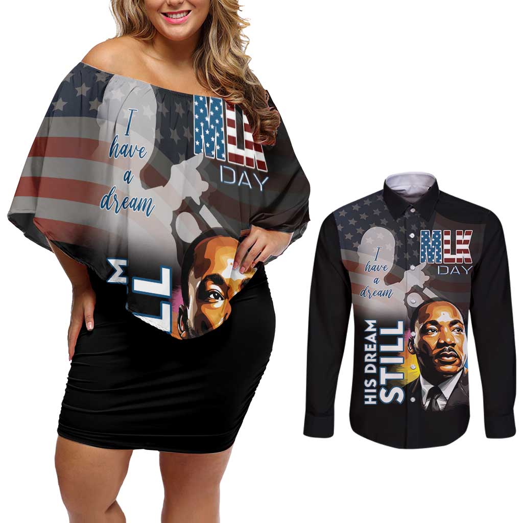 Happy MLK Day Couples Matching Off Shoulder Short Dress and Long Sleeve Button Shirt I Have A Dream - His Dream Still - Wonder Print Shop