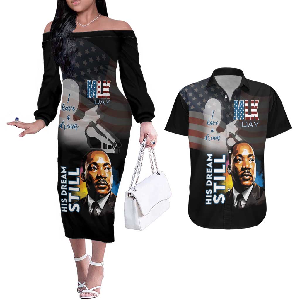 Happy MLK Day Couples Matching Off The Shoulder Long Sleeve Dress and Hawaiian Shirt I Have A Dream - His Dream Still - Wonder Print Shop