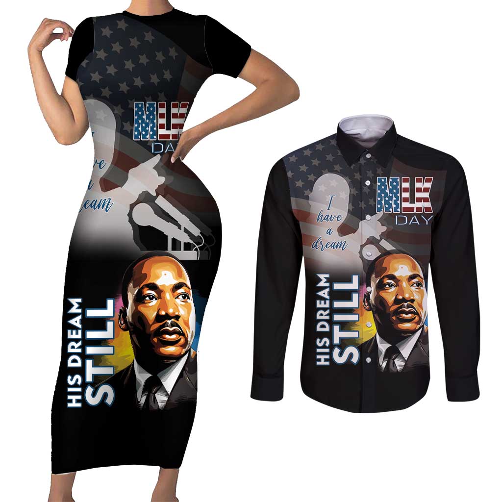 Happy MLK Day Couples Matching Short Sleeve Bodycon Dress and Long Sleeve Button Shirt I Have A Dream - His Dream Still - Wonder Print Shop