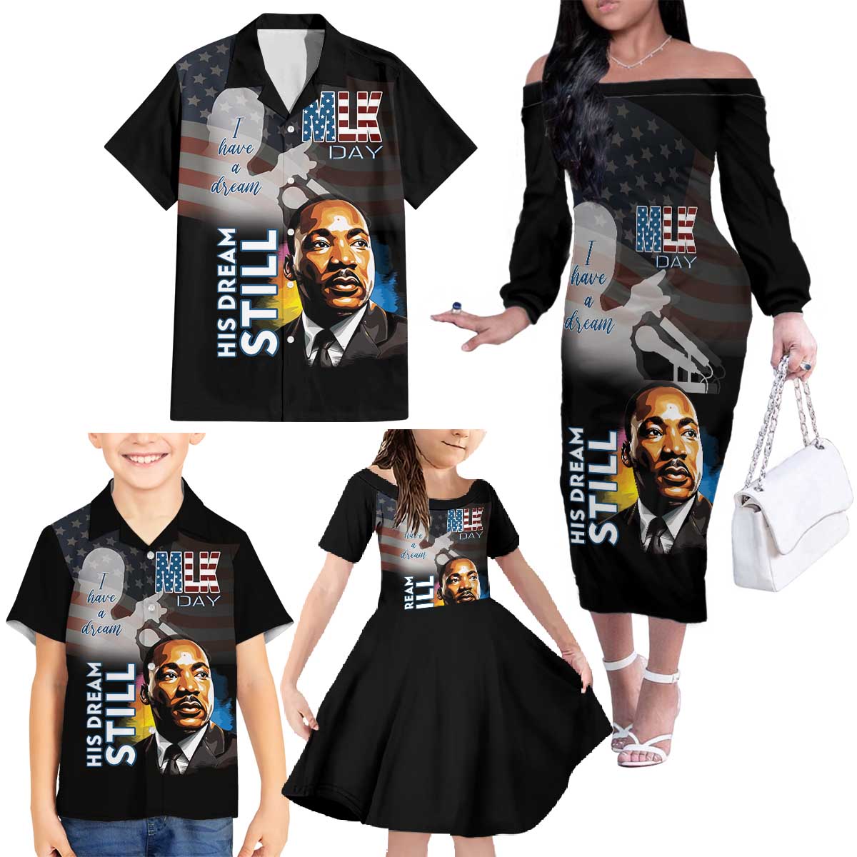 Happy MLK Day Family Matching Off The Shoulder Long Sleeve Dress and Hawaiian Shirt I Have A Dream - His Dream Still - Wonder Print Shop