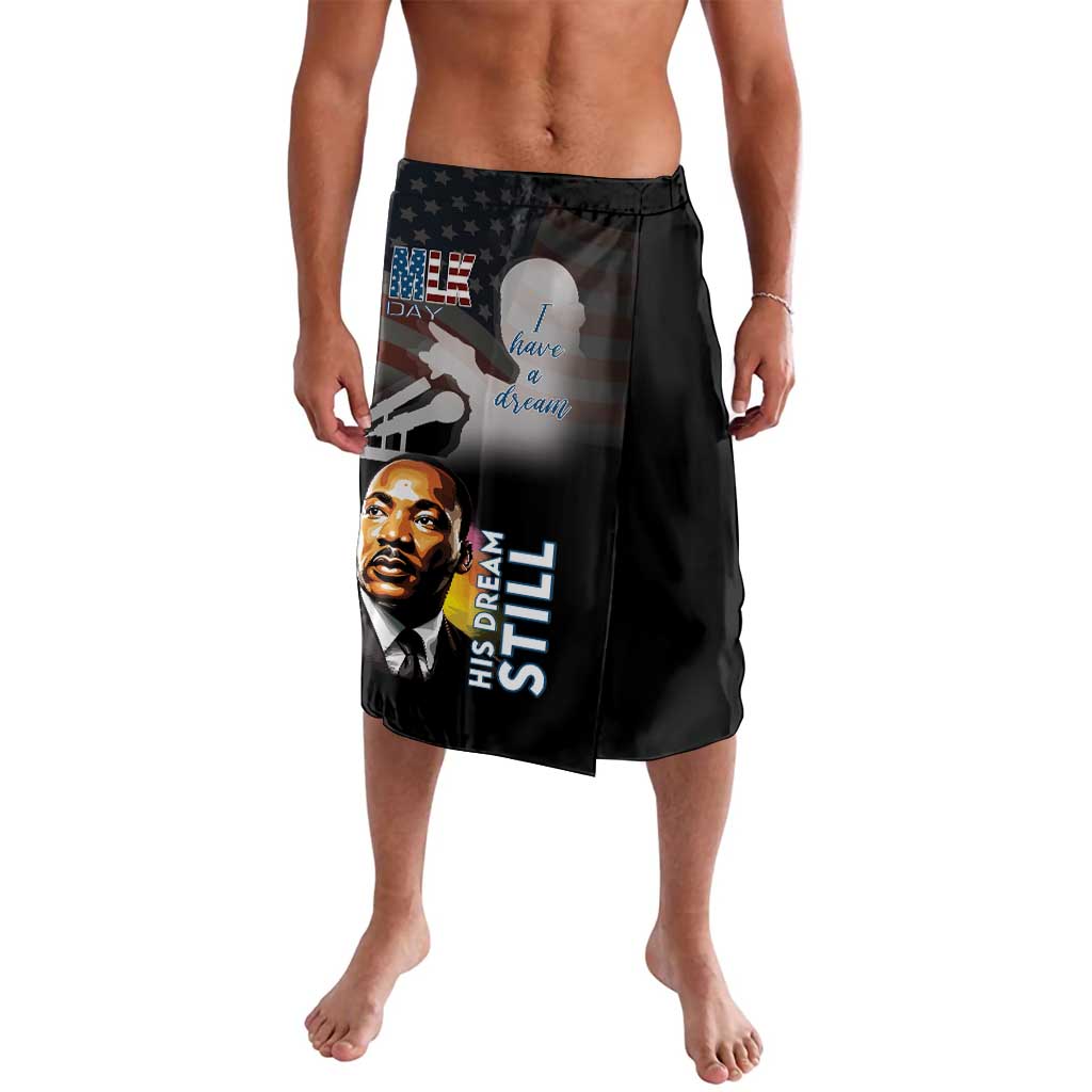 Black printed wrap skirt with MLK portrait and 'I Have a Dream' graphic
