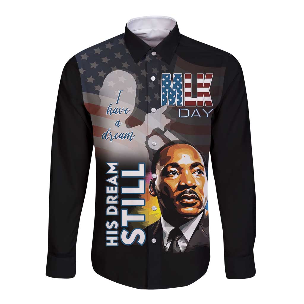 Black unisex long-sleeve button shirt with MLK Day graphic print