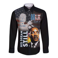 Black unisex long-sleeve button shirt with MLK Day graphic print