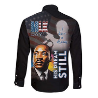 Black unisex long-sleeve button shirt, MLK Day back graphic print