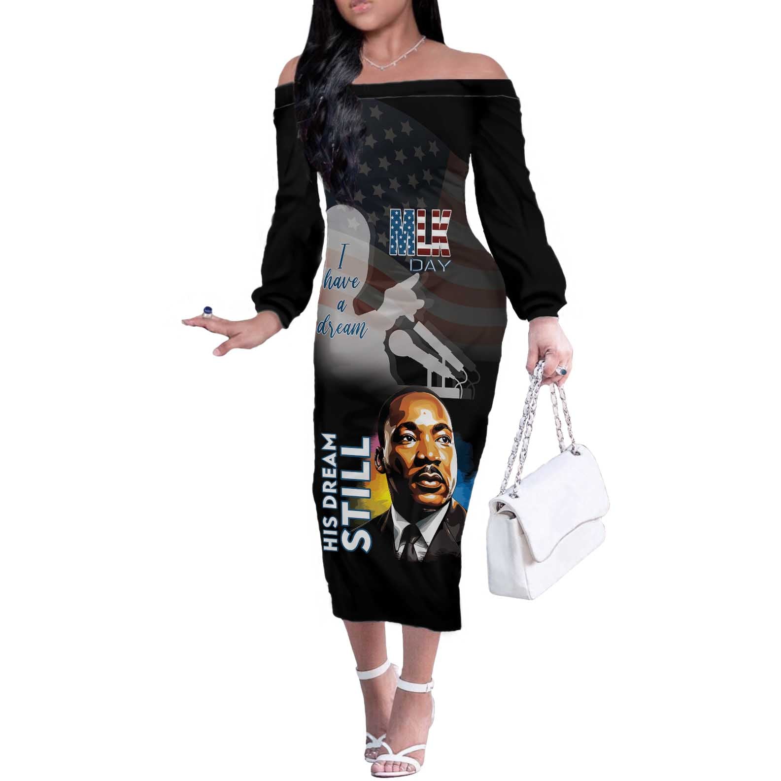 Happy MLK Day Off The Shoulder Long Sleeve Dress I Have A Dream - His Dream Still - Wonder Print Shop