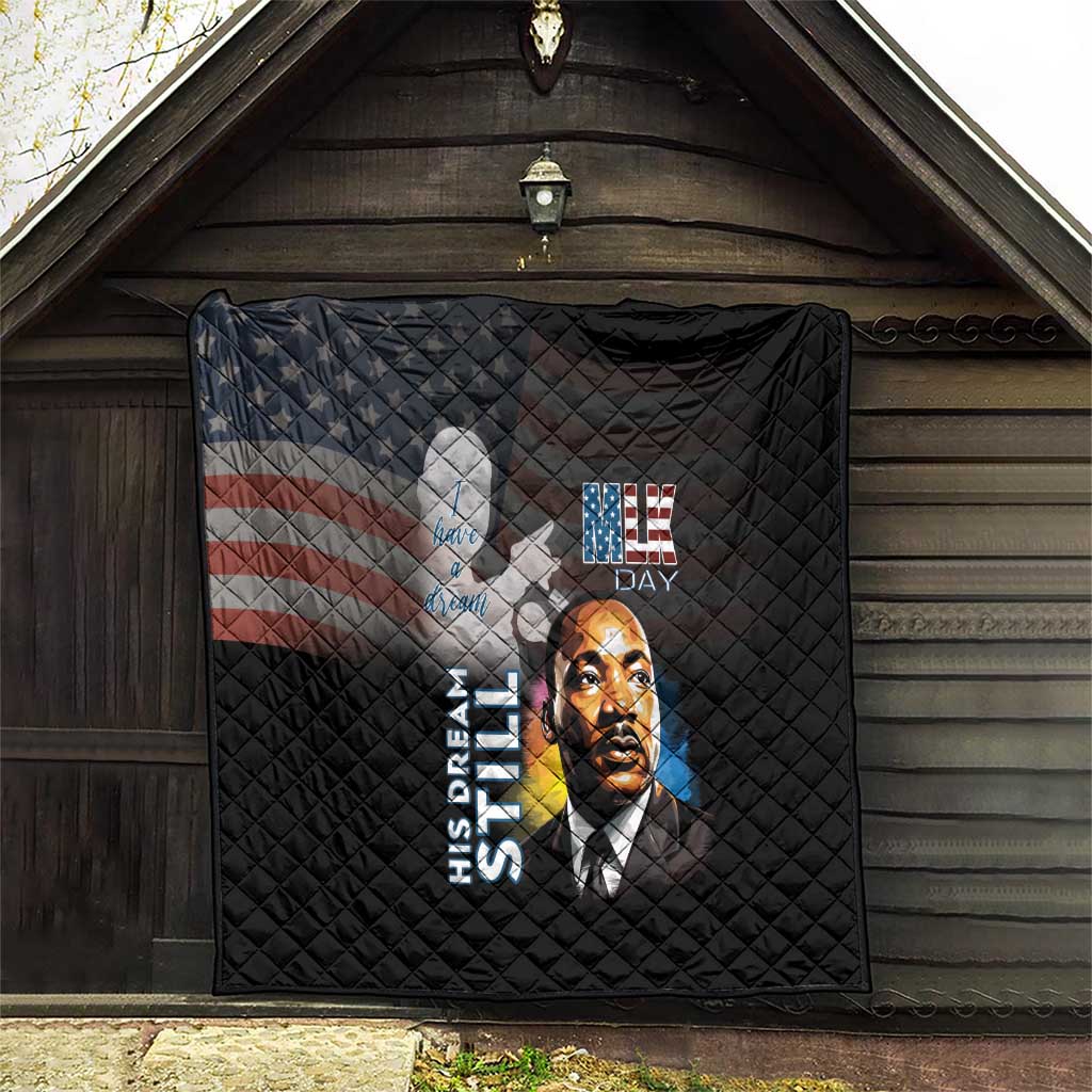 Black quilt hanging on porch wall with quilted texture, MLK Day portrait graphic