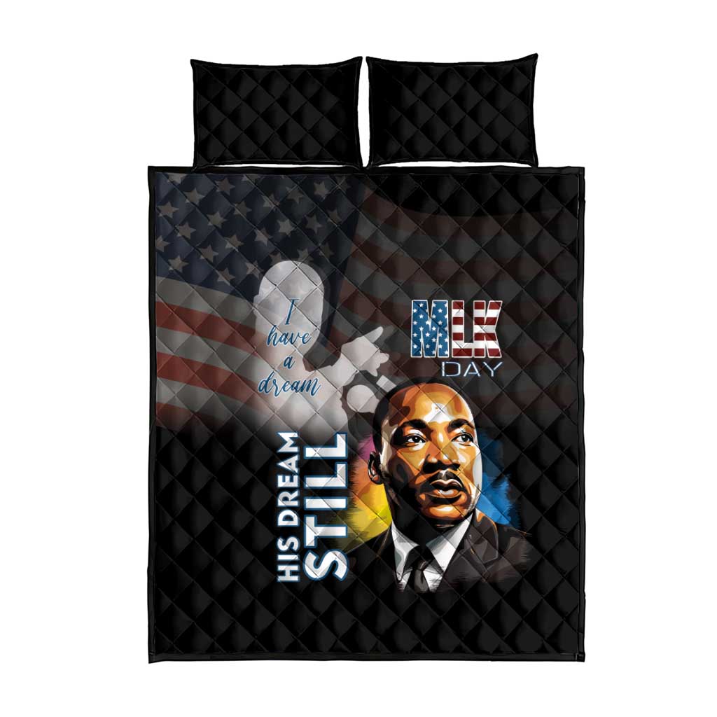 Black quilt bed set with two pillowcases; centered MLK portrait and 'MLK DAY' print.