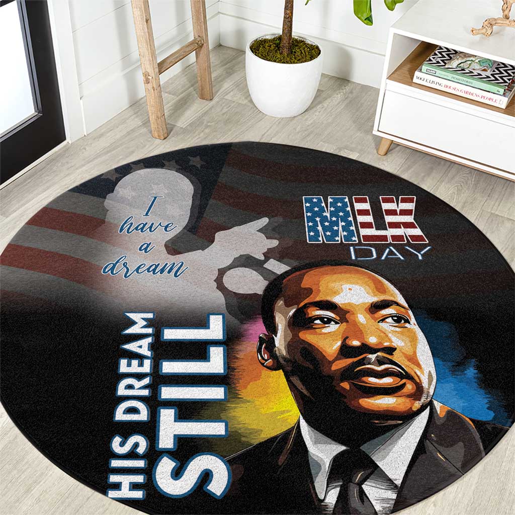 Round black patriotic carpet with MLK face, “I Have A Dream” text and camouflage star pattern