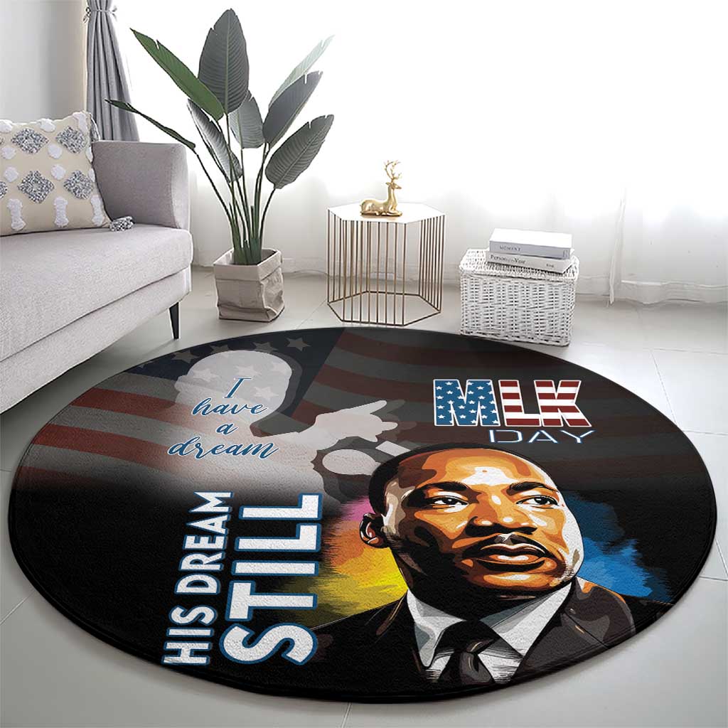 Round black MLK Day carpet with MLK face portrait, “I have dream” script and “MLK DAY” text