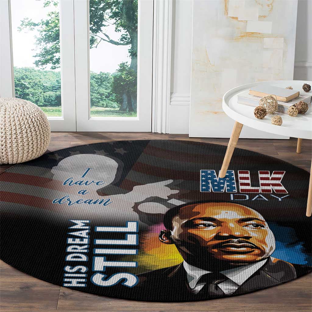 Round black MLK Day carpet with MLK portrait, “His Dream” vertical lettering, and blue “MLK” stars