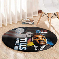 Round black MLK Day rug with MLK face artwork, “I Have A Dream” text, and blue “MLK DAY”