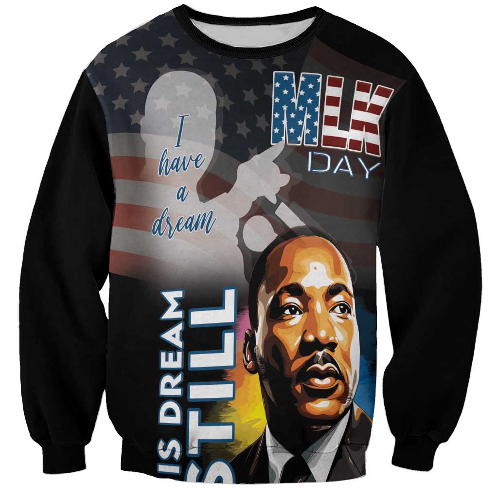 Unisex black sweatshirt with colorful MLK Day 'I Have a Dream' portrait graphic front