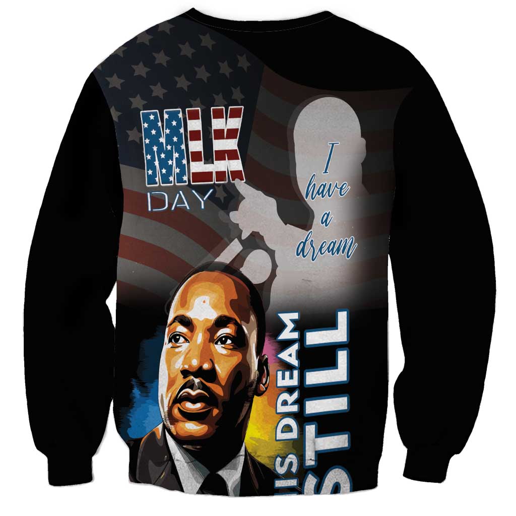 Unisex black sweatshirt with MLK Day 'I Have a Dream' portrait graphic on back