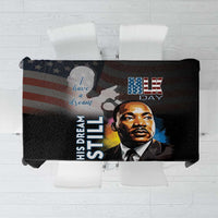 Black MLK Day tablecloth with Martin Luther King Jr portrait and 'I Have a Dream' text