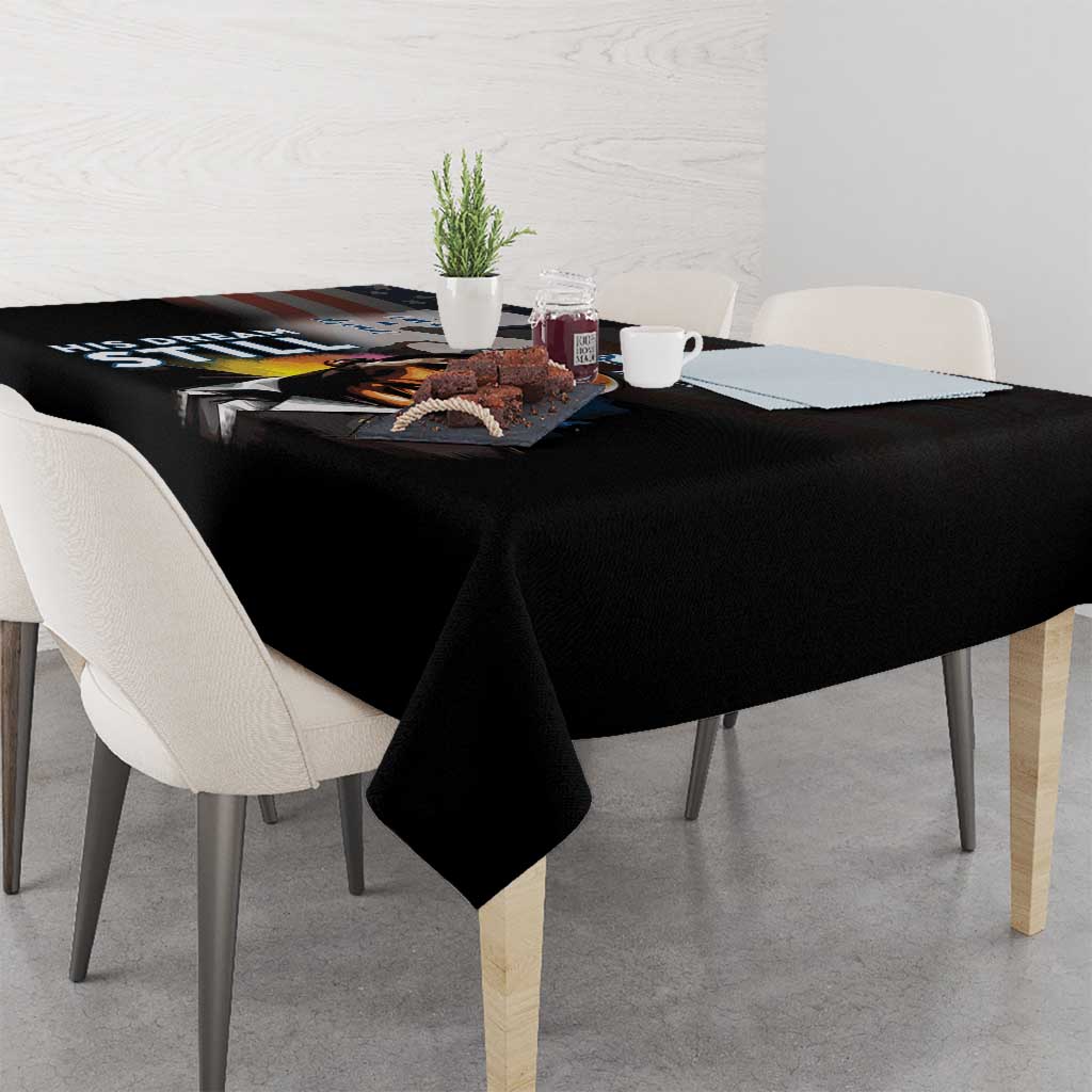 Black MLK Day tablecloth corner drape with portrait and 'M.L.K. DAY' lettering